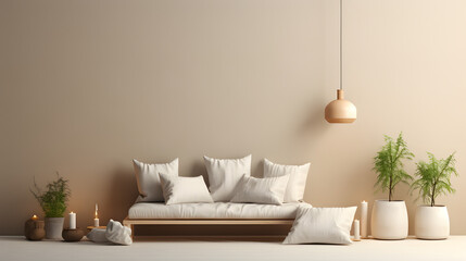 Fototapeta na wymiar Interior home design. Minimalistic living room with pillows. AI generated.