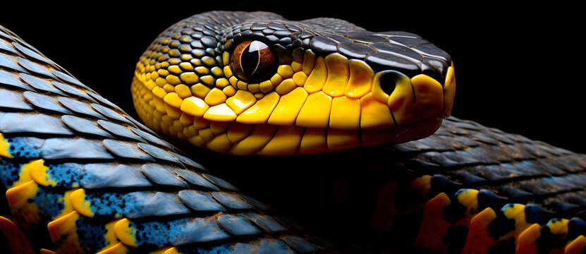 a blue yellow and black snake is photographed in this picture Generated by AI
