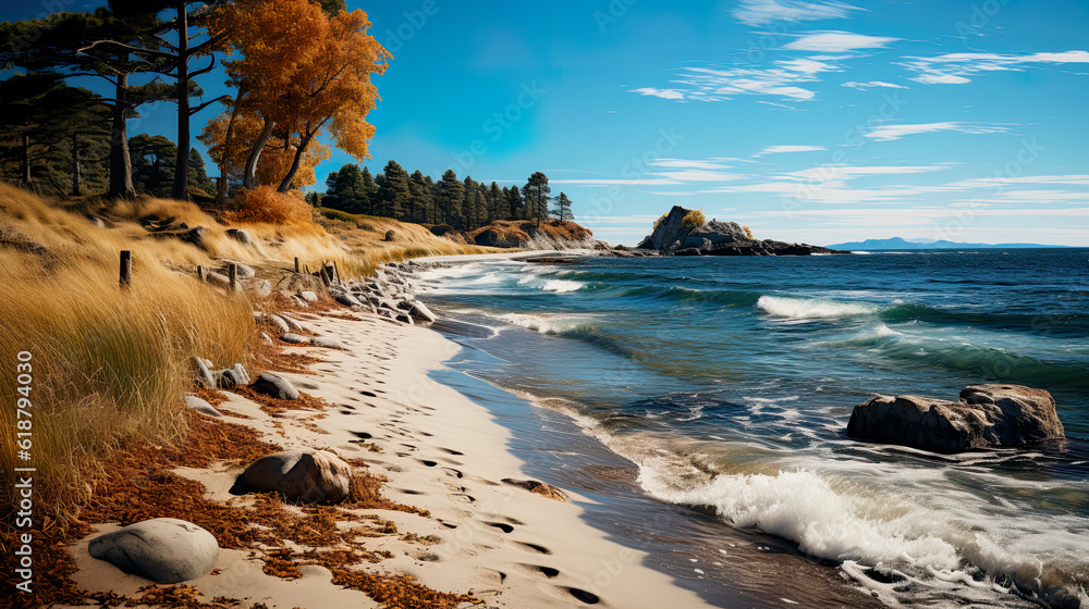 Poster a view of a beach with rocks and water. generative ai. baltic seascape with trees and grass.