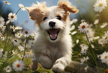 Cute dog running in flowers