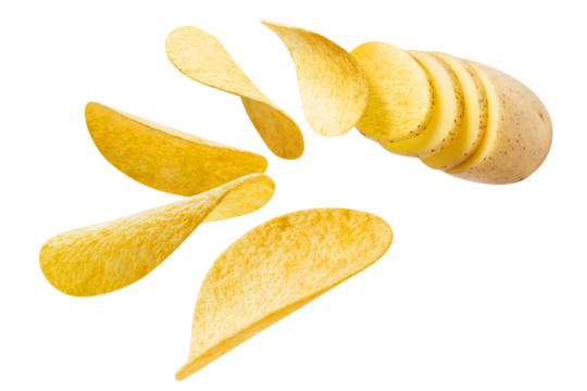 Flying delicious potato chips cut out