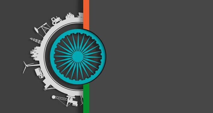 Concept of industrial design. Energy and power icons located around the circle. Energy generation, transportation and heavy industry. Flag of India