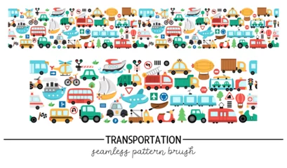 Wall murals Cartoon cars Vector transportation horizontal seamless pattern with different kinds of transport. Road trip repeating border brush. Cute background with bus, car, boat, truck, bike, plane, train.