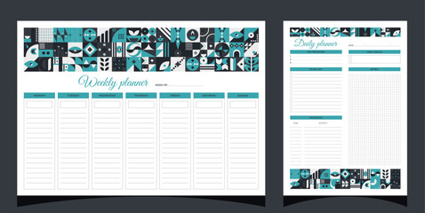 Planners set geometry. Weekly and daily planners. Planners printable template with geometric shapes. Blank white notebook page A4. Vector illustration.