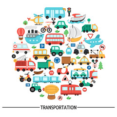 Vector transportation round frame with bus, car, boat, truck. Card template design with different kinds of transport for banners, invitations. Cute road way illustration with bike, plane, signs, train