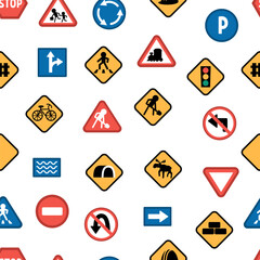 Vector road signs seamless pattern. Railway and traffic street repeating background. Cute highway rules texture with traffic lights, stop, construction works plates, arrows.