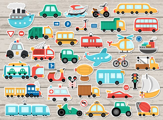 Big vector transportation stickers set. Transport patch icons collection with funny bus, car, boat, truck. Cute cartoon road way illustrations on wooden background with scooter, plane, signs, train.