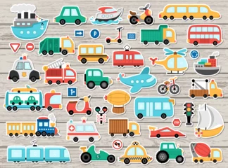 Fotobehang Big vector transportation stickers set. Transport patch icons collection with funny bus, car, boat, truck. Cute cartoon road way illustrations on wooden background with scooter, plane, signs, train. © Lexi Claus