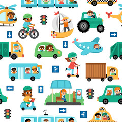 Vector transportation seamless pattern with children. Funny water, land, air transport repeat background with drivers for kids. Cars and vehicles texture with train, truck, bus, plane.