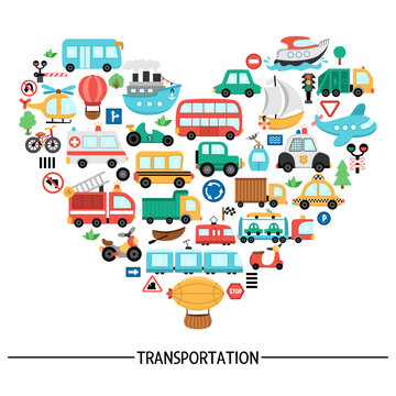 Vector transportation heart shaped frame with bus, car, boat, truck. Card template design with different kinds of transport for banners, invitations. Cute road way illustration with bike, plane, train