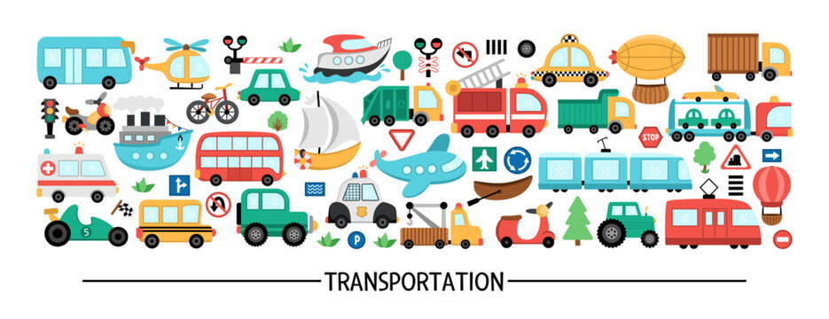 Vector transportation horizontal set with different kinds of transport. Road trip card template or frame design for banners, invitations. Cute illustration with bus, car, boat, truck, bike, train