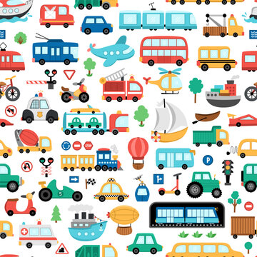 Vector transportation seamless pattern. Funny water, land, air underground transport repeat background for kids. Cars and vehicles digital paper. Cute texture with train, truck, ship.
