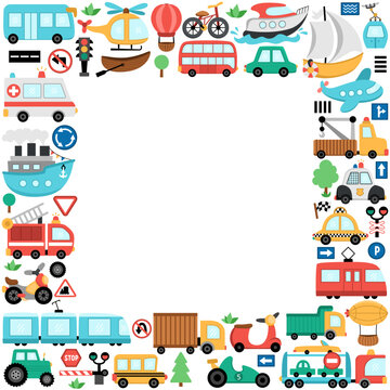 Vector transportation square frame with bus, car, boat, truck. Card template design with different kinds of transport for banners, invitations. Cute road way illustration with bike, plane, signs