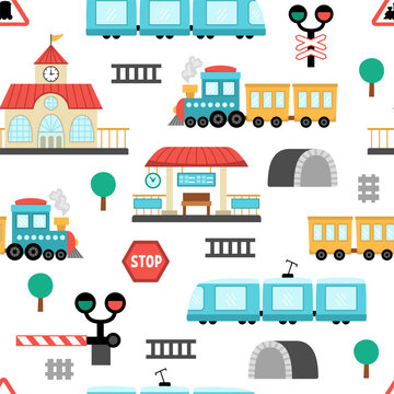 Vector railway transport seamless pattern. Funny railroad transportation repeating background with train, steam train, tunnel for kids. Cute rail vehicles texture with semaphore, barrier.