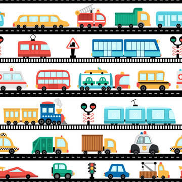 Vector Transportation Seamless Pattern. Funny Transport Repeat Background For Kids With Horizontal Road And Railroad. Digital Paper With Cars And Vehicles. Cute Texture With Train, Truck, Metro.