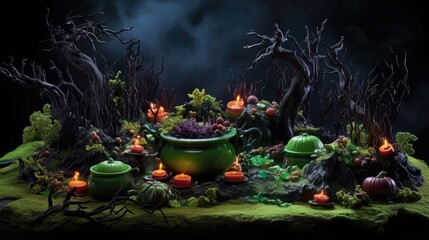 Bowling witch's brew or cauldron with a magical potion. Halloween scenery banner background. AI illustration..