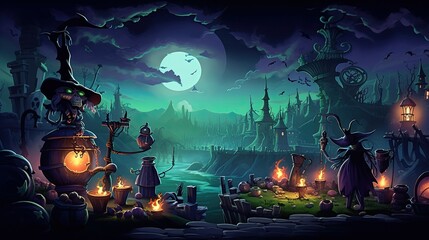 Wooden Haunted house in the night forest. Spooky Old witch house in spooky dark forest. Witch's house. Mystical.  Halloween concept. AI illustration.