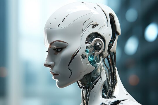 White humanoid female robot. Artifictial intelligence with human look. Advanced robotics technology. 