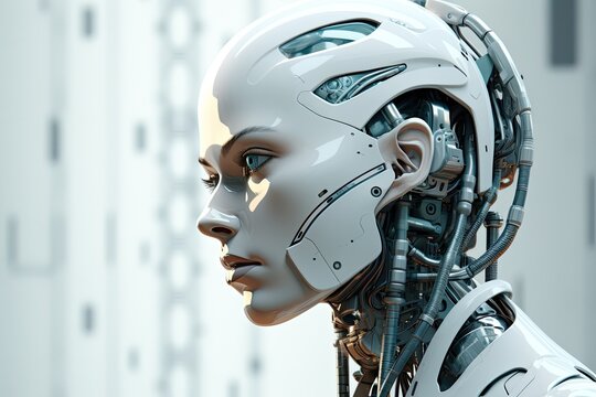 White humanoid female robot. Artifictial intelligence with human look. Advanced robotics technology. 
