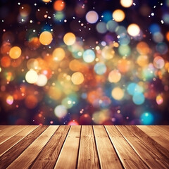 wooden background with bokeh lights