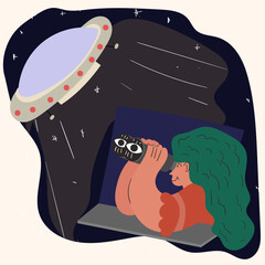 A girl watches UFOs flying through binoculars at night from a window with a flat color contour drawing in the corporate Memphis style