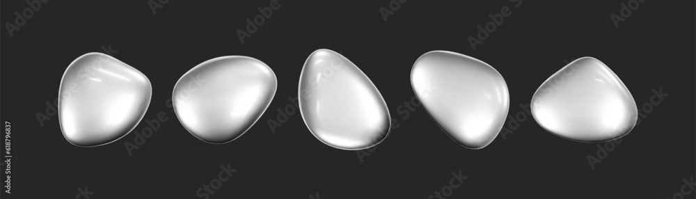 Wall mural 3d chrome liquid shape, set metallic fluid bubbles isolated on black background. render of 3d abstra