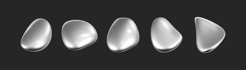 3d chrome liquid shape, set metallic fluid bubbles isolated on black background. Render of 3d abstract, futuristic metal blob with gradient chrome reflection effect. 3d vector geometric illustration