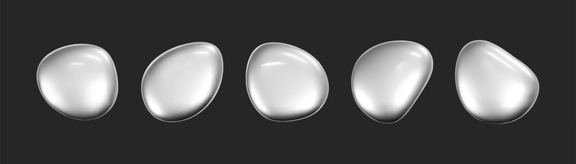 3d chrome liquid shape, set metallic fluid bubbles isolated on black background. Render of 3d abstract, futuristic metal blob with gradient chrome reflection effect. 3d vector geometric illustration
