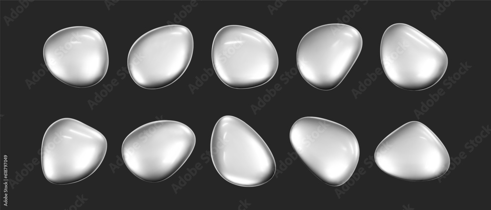 Wall mural 3d chrome liquid shape, set metallic fluid bubbles isolated on black background. render of 3d abstra