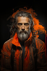 Fototapeta na wymiar A man with long hair and a beard wearing an orange jacket. Generative AI.