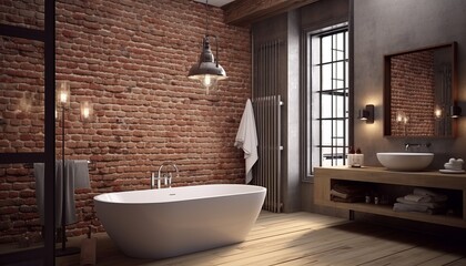 Naklejka na ściany i meble rustic bathroom with a brick wall and a freestanding bathtub