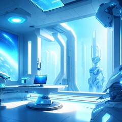 Bright high tech room with blue inner lights, computer and robots. Blue sky universe view outside the glass window. 4K background.
