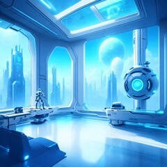 Bright high tech room with blue inner lights, advanced tech devices and robots. Blue sky and high-rise buildings view outside the glass window. 4K background.