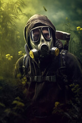 Man in vintage clothing wearing a gas mask in a natural setting with flowers in the background. Generative ai.