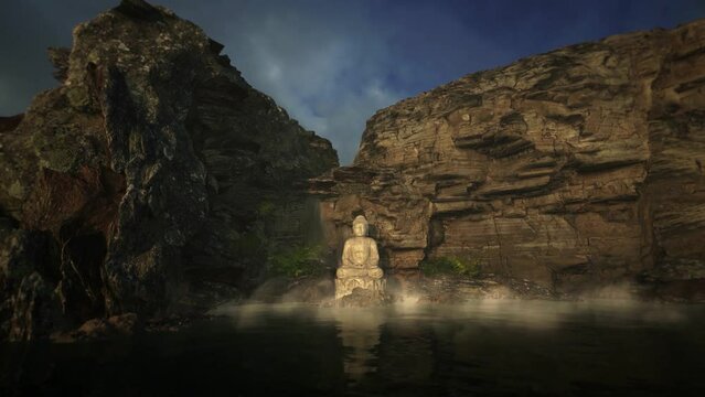 Peaceful Buddha background 3D rendering animation with cliff and waterfall