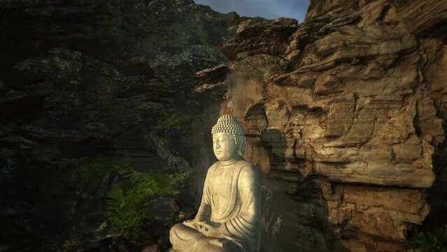 Meditative Flythrough with Buddha Statue and waterfall 3D rendering animation