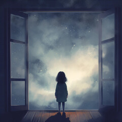 Fototapeta premium An Artistic Depiction of a Child Standing Before a Window With an Abundance of Negative Space Generative AI