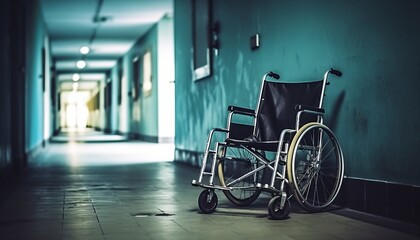 Fototapeta na wymiar wheelchair resting against a hallway wall