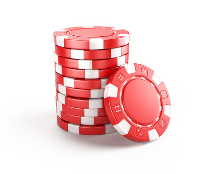 Stack of red poker casino chips isolated on white. Gamble, gaming, casino, poker concept