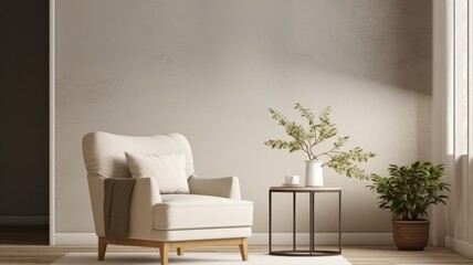 Interior of living room with coffee table and white beige fabric armchair, with an empty wall. Generative AI