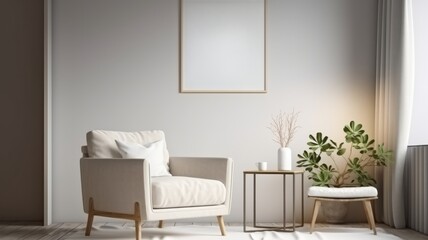 Interior of living room with coffee table and white beige fabric armchair, an empty poster on the wall. Generative AI.