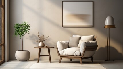 Interior of living room with coffee table and white beige fabric armchair, a poster on the wall. Generative AI.