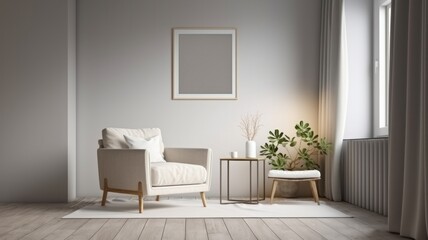 Interior of living room with coffee table and white beige fabric armchair, an empty poster on the wall. Generative AI.