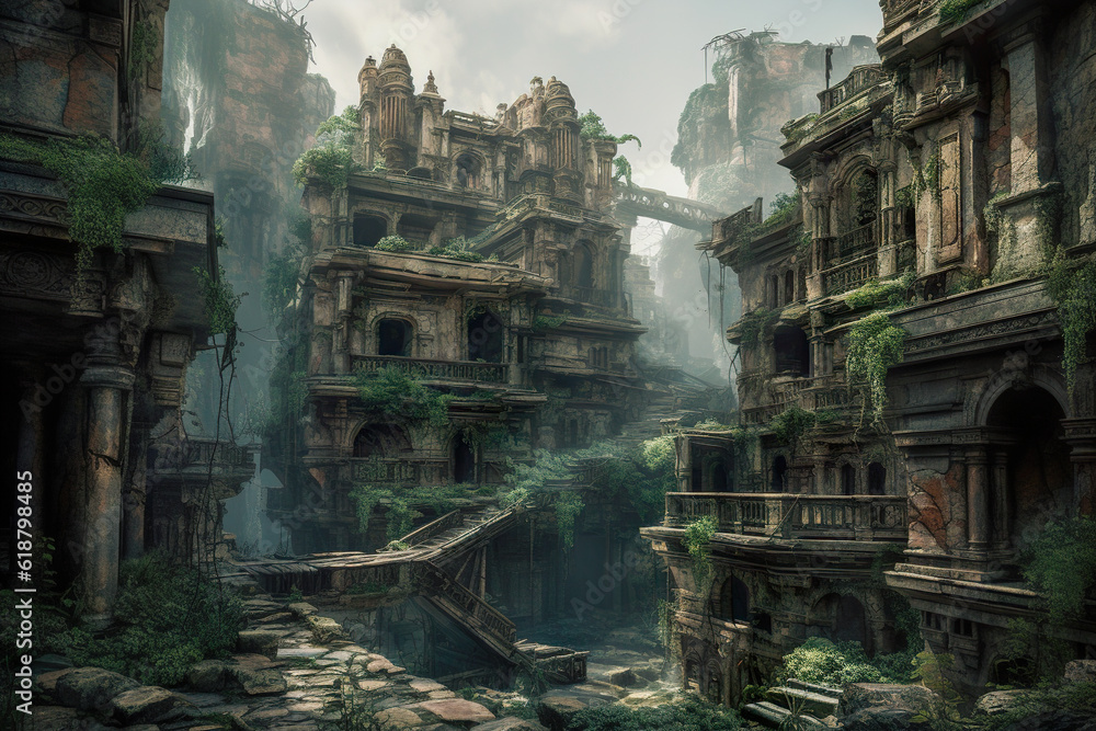 Poster old abandoned building in the jungle. generative ai