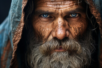 close-up shot of a person's face, expressing a calm and composed demeanor despite the chaos unfolding around them, capturing the stoic virtue of maintaining inner peace in challeng Generative AI