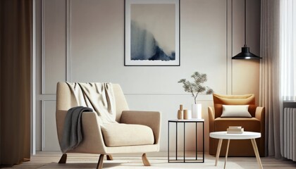 Interior of living room with coffee table and white beige fabric armchair, a poster on the wall. Generative AI.