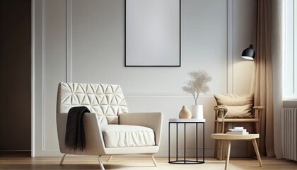 Interior of living room with coffee table and white beige fabric armchair, an empty poster on the wall. Generative AI.