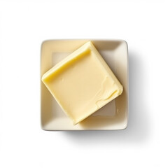 Butter on a little white plate, isolated, top view, Transparent