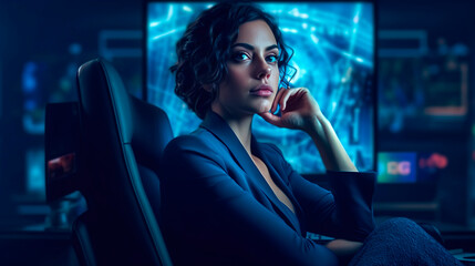 Woman using modern computer for global control, surfing networks, futuristic Internet, innovative digital technology. Generative Ai technology.