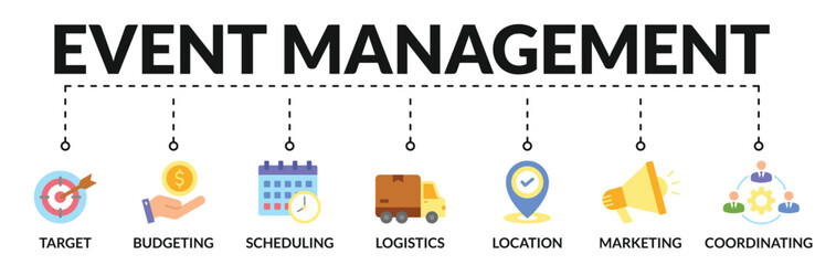 Banner of event management web vector illustration concept with icons of target, budgeting, scheduling, logistics, location, coordinating